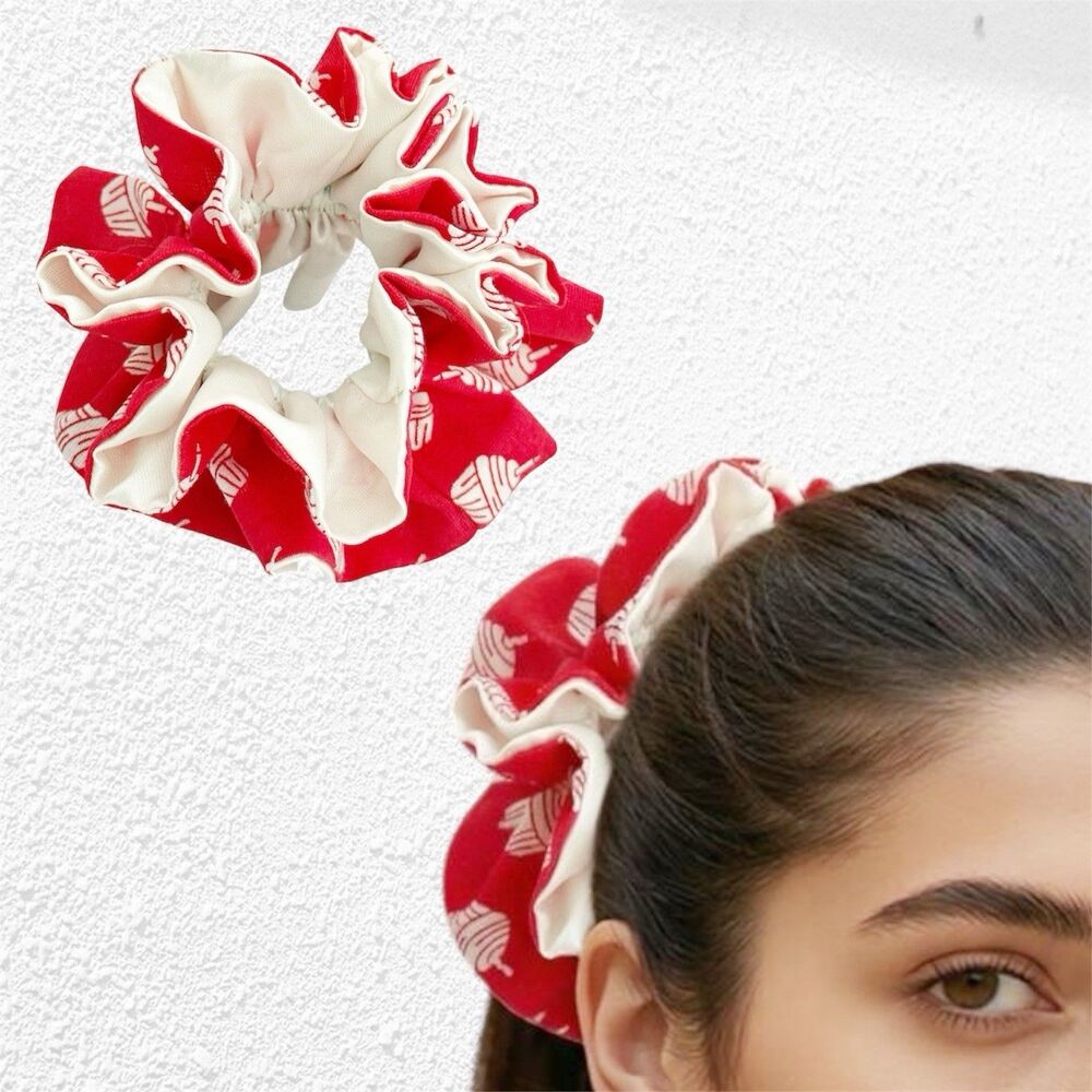 Handmade Red & Cream Scrunchie Hair Tie Ruffled Elastic Ponytail Holder